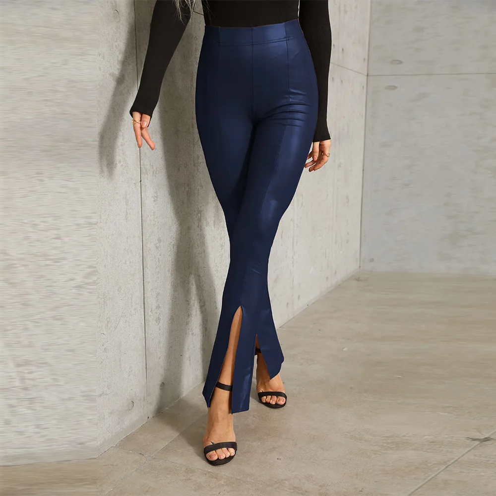 Women Wet Look PU Leather Pants Chic Zipper Split Pencil Pants Classic High Waist Stretch Flare Pants Women  Streetwear Trousers