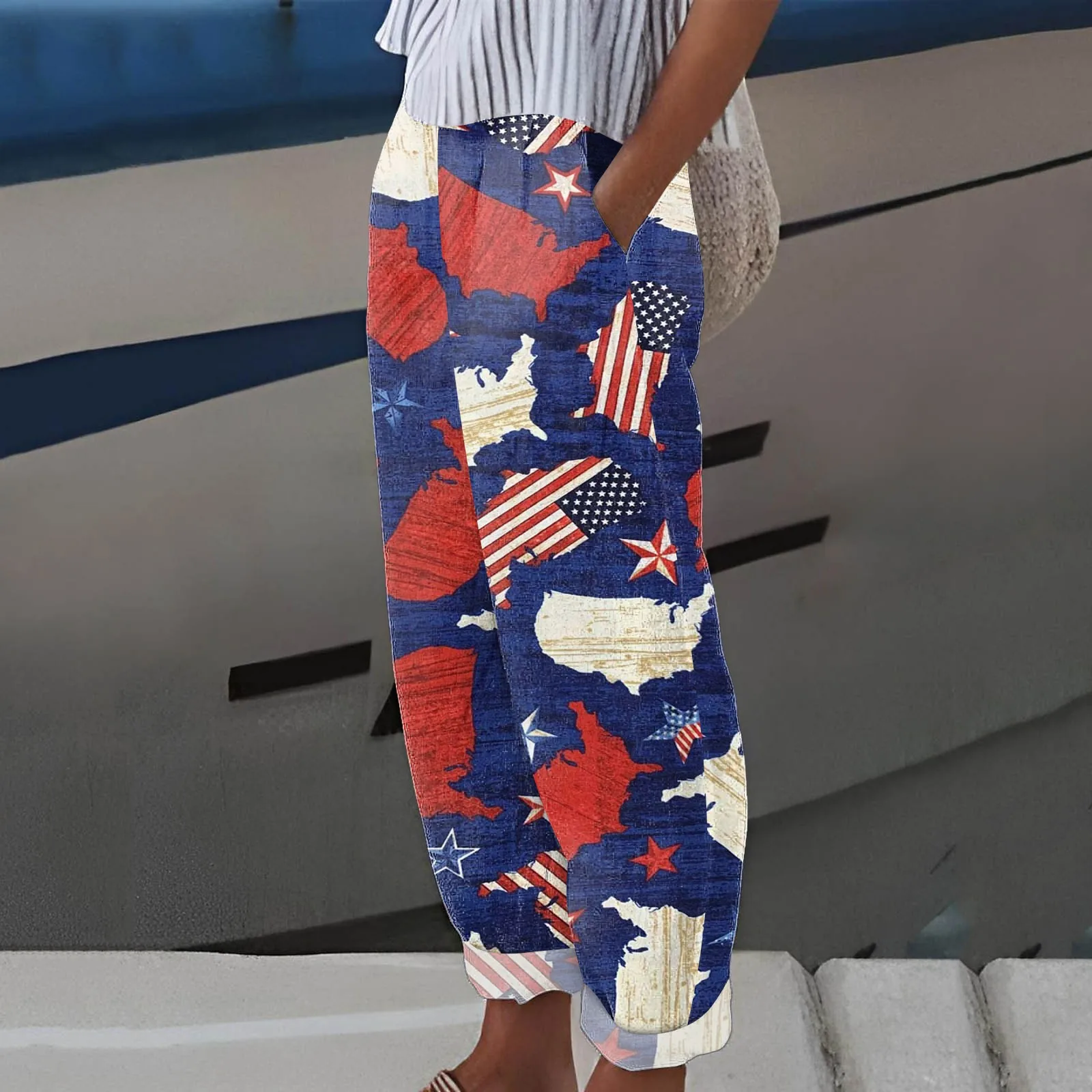 

Women's Casual Independence Day American Flag Prints Pants Baggy Elastic Pants For Women Pocket Pants All-Math Plain