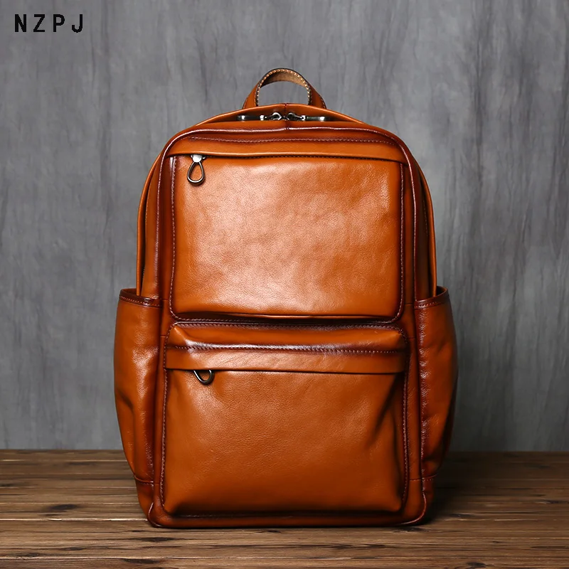NZPJ Genuine Leather Men's Backpack Retro Top Layer Cowhide Casual Computer Bag European And American Fashion Travel Bag