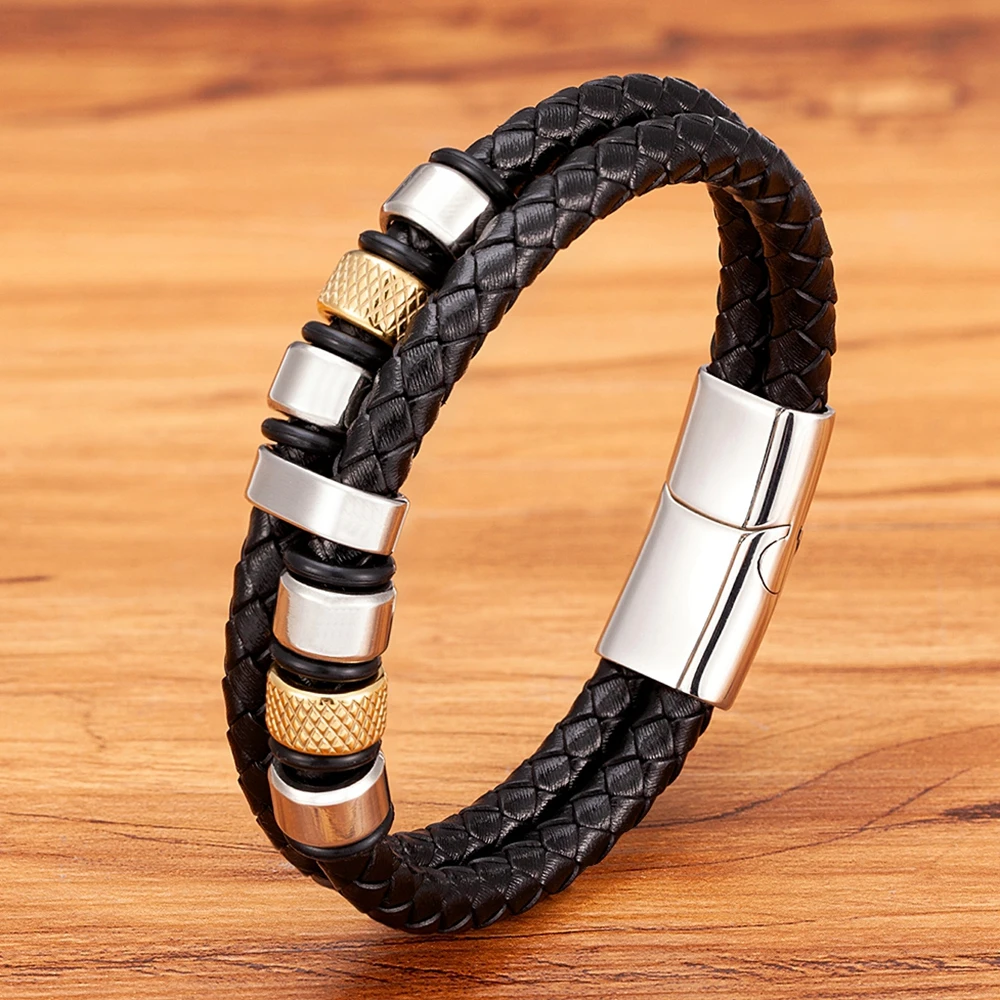 Double Layers Stainless Steel Mens Bracelet Braided Genuine Leather Combination Magnetic Clasp - Image 2