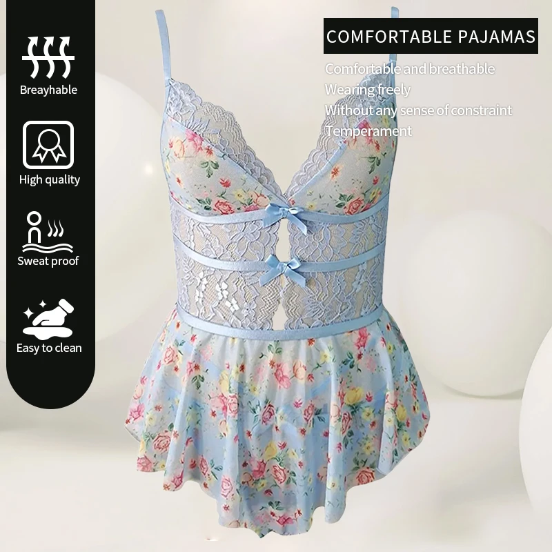 Summer Women's Lace Hollow V-Neck Suspender with Backless Sexy Printed Suspender for Women Nightdress women lingerie women bodysuit sleep wear set