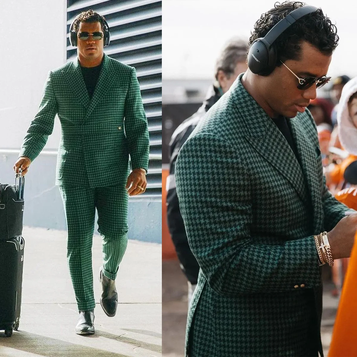 Houndstooth Men's Suits Tailor-Made 2 Pieces Green Blazer Pants With Belt Wide Lapel Tuxedo Fashion Wedding Plus Size Tailored