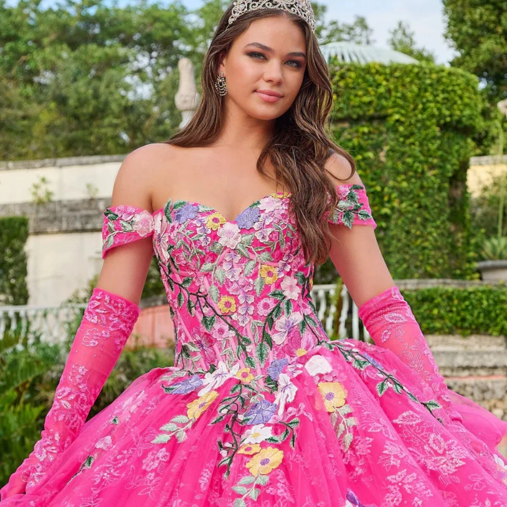 Colorful Flowers Chic Ball Gown Quinceanera Dress Shiny 15 16 Birthday Lace Up No Gloves Evening Dress Sweet Party