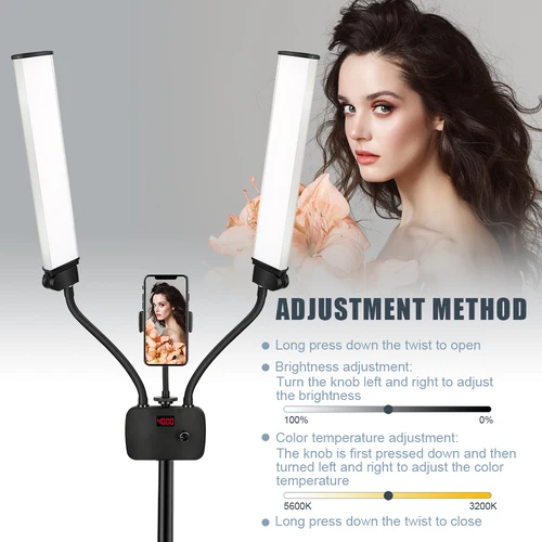 삼각대가 있는 더블 암 LED 필 라이트, 사진 스튜디오 긴 스트립 LED 링 램프, LCD 스크린, 사진 셀카 조명, 3200-5600K 2