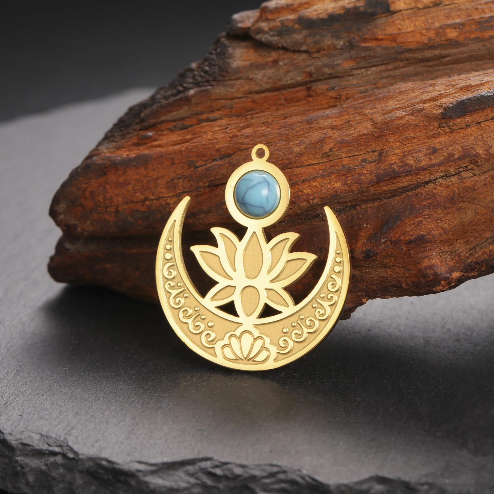 DIY Lotusblumen- und Mond-Anhänger mit Blauer Steinverzierung für Schmuckherstellung
