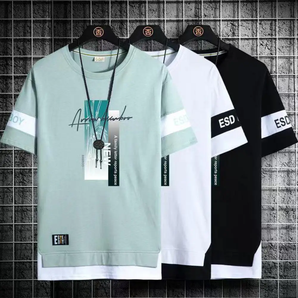 

Fake Two Piece Men T-shirt Summer Letter Print O-Neck Short Sleeve Men T-shirt Loose Tees Shirt Casual Sports Pullover Top