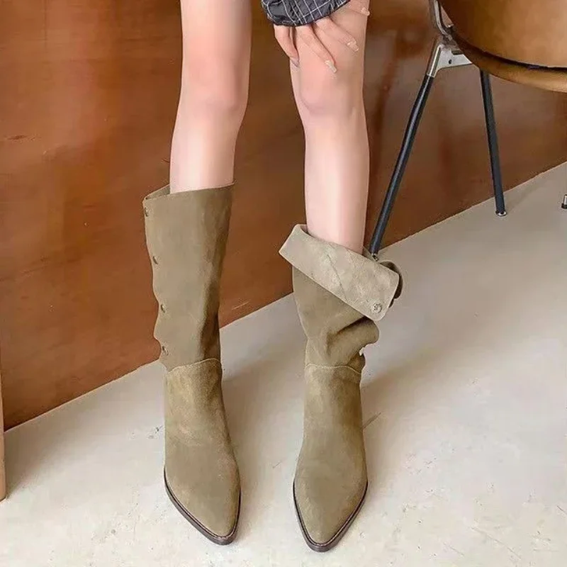 Classic Western Cowboy Boots for Women 2023 New Suede Pointed Toe Low-heeled Women's Mid Calf Boots Foldable Casual Boots Female