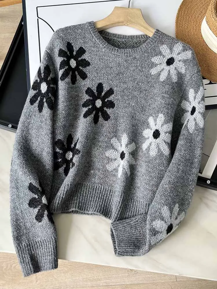 

Women 2023 New Fashion two-sided jacquard Cropped Knitted Sweater Vintage O Neck Long Sleeve Female Pullovers Chic Tops