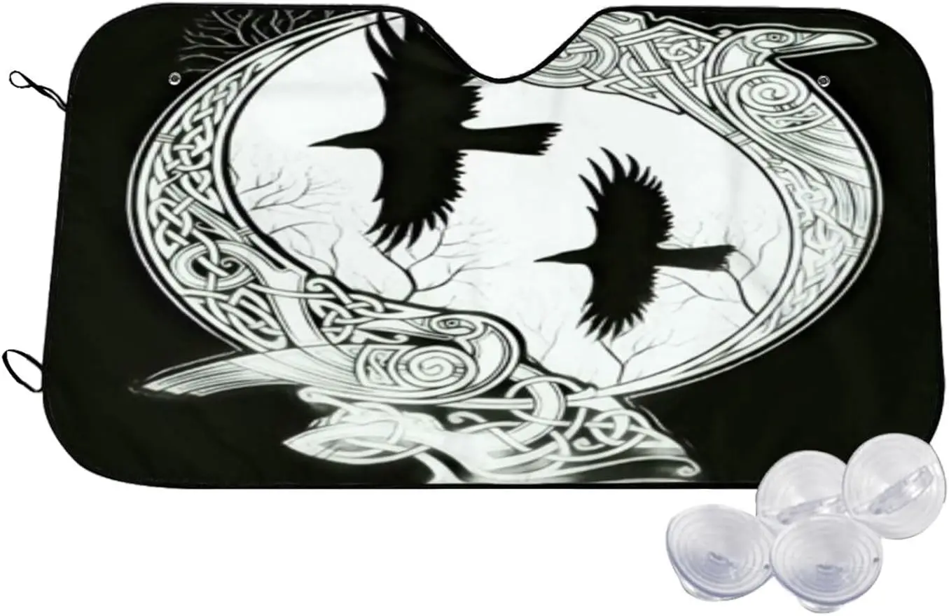 

Viking Black Raven Crow Car Sun Visor Norse Mythology Front Windshield Sunshade Car Protective Cover for Most Cars SUV Truck