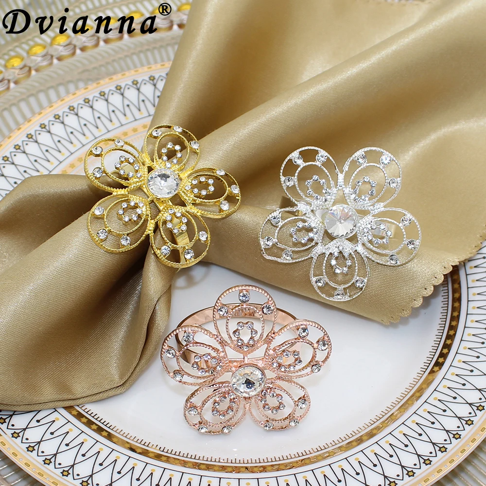 

6Pcs Flower Napkin Rings Gold Silver Napkin Buckles Rhinestone Napkin Holders for Wedding Banquet Home Party Table Decor HWD150