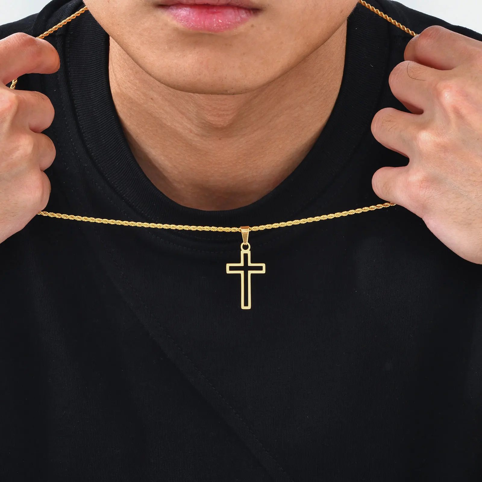 Casual Hollow Cross Necklaces for Men Boys Waterproof Stainless Steel Cross Pendant Necklace Religious Faith Prayer Jewelry Gift