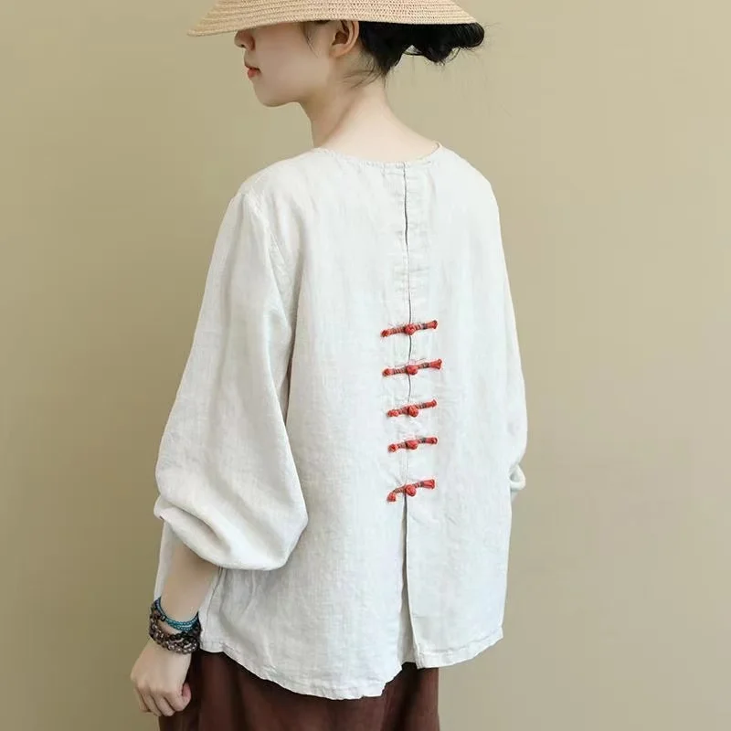 Retro Ethnic Print Linen Shirt Summer Linen Cotton Women Clothing Spring And Autumn Loose Literature Chinoiserie Ladies Top