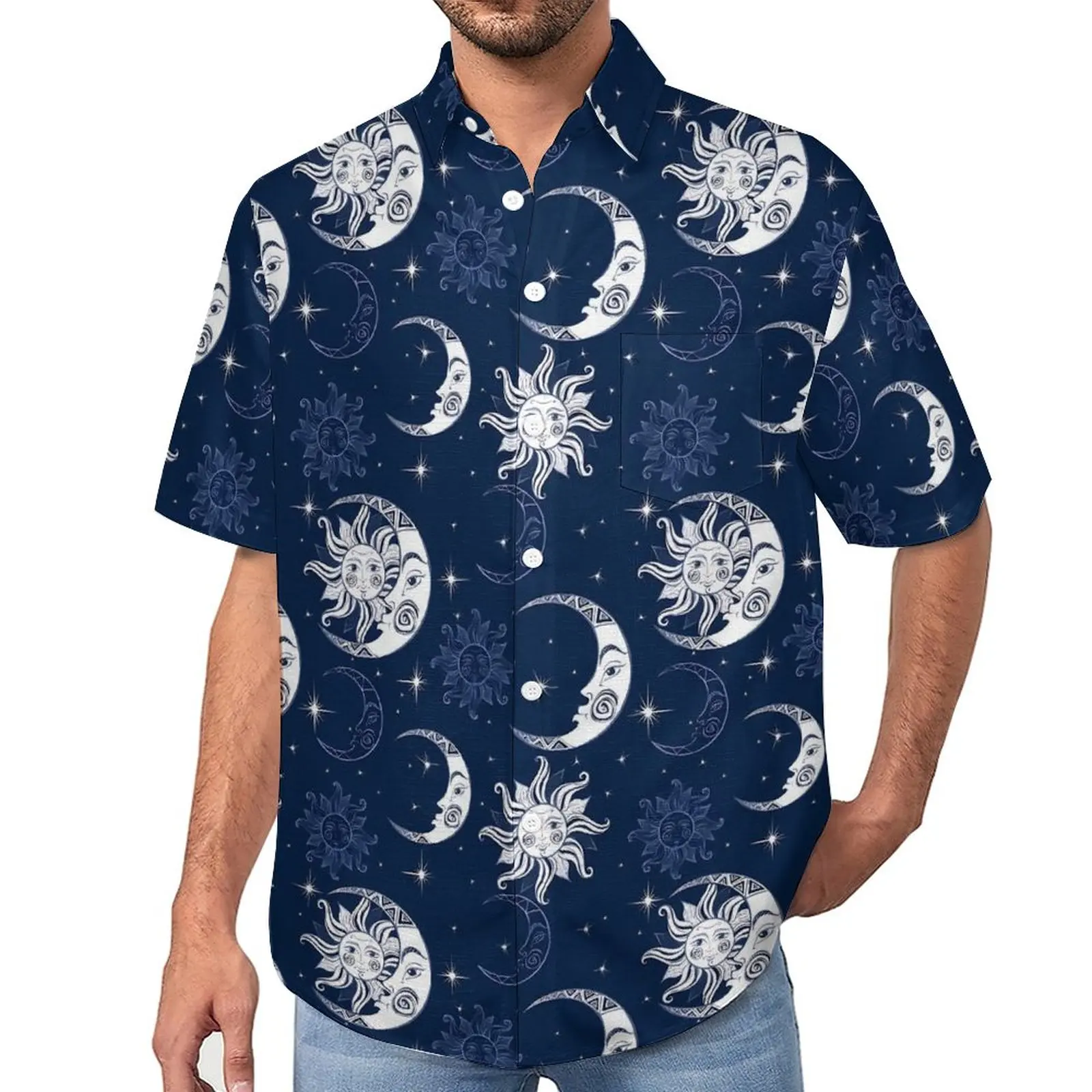 Sun Moon Stars Hawaii Shirt For Men Unique Cute Floral 3D Print Vacation Casual Streetwear Short Sleeved Clothes Plus Size Spain