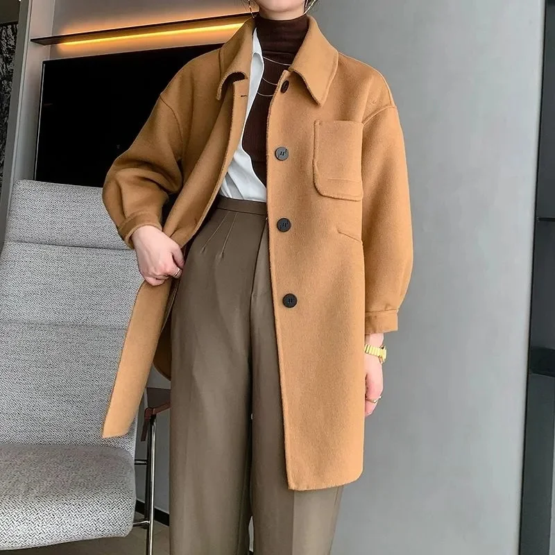 

2024 Autumn Winter Wool Coat Women Slim Single Breasted Medium Long Woolen Blend Warm Female Jackets Loose Overcoat