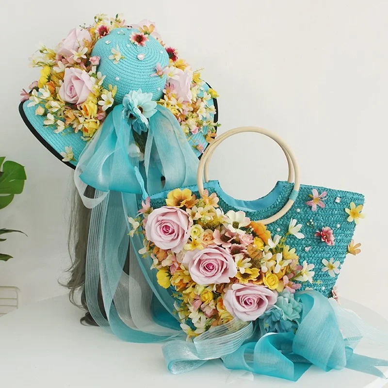 

2023 Summer Straw Bag Rattan Basket Bag Women's Seaside Vacation Beach Bag Handmade Flower Ribbon Luxury Totes with Sun Hat
