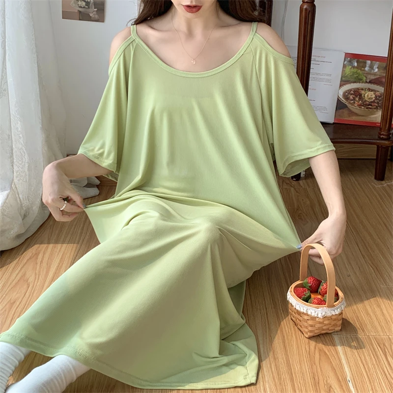 

Plus Size Summer Maternity Nightwear Dress Solid Color Hollowed Out Shoulderless Pregnant Woman Knit Dress Long Loose Nightgown
