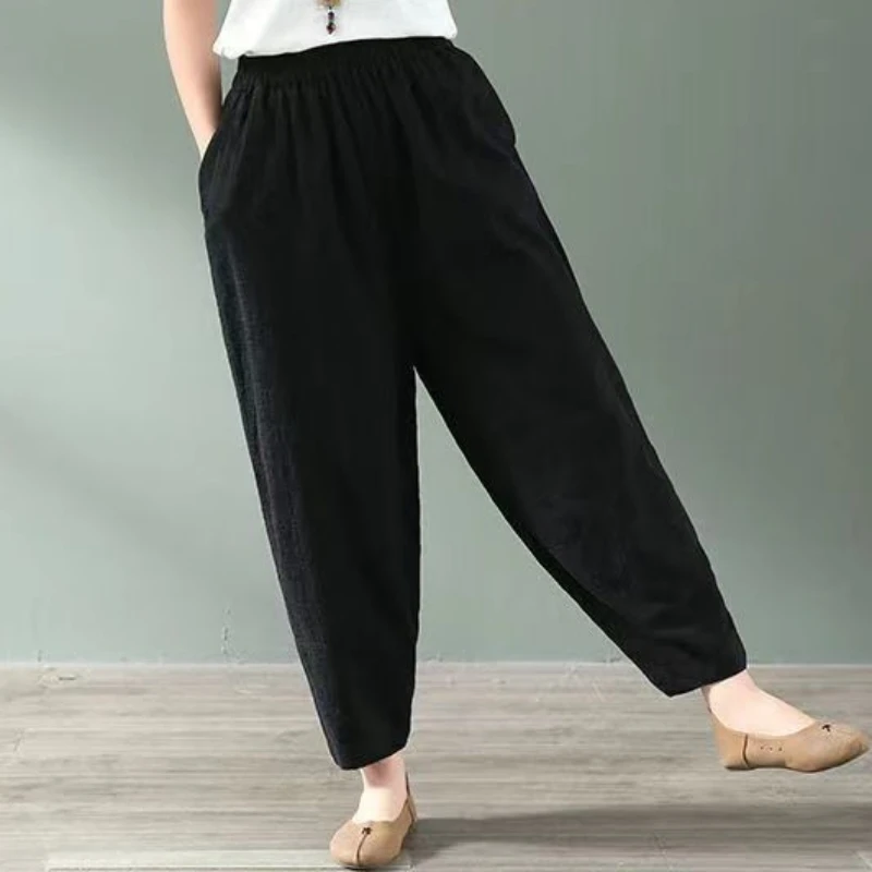 2023 Autumn New Women Ankle-Length Pants Loose 100%Cotton Wide-Leg Pants Casual Slim Harem Pants Comfortable Mom Pants