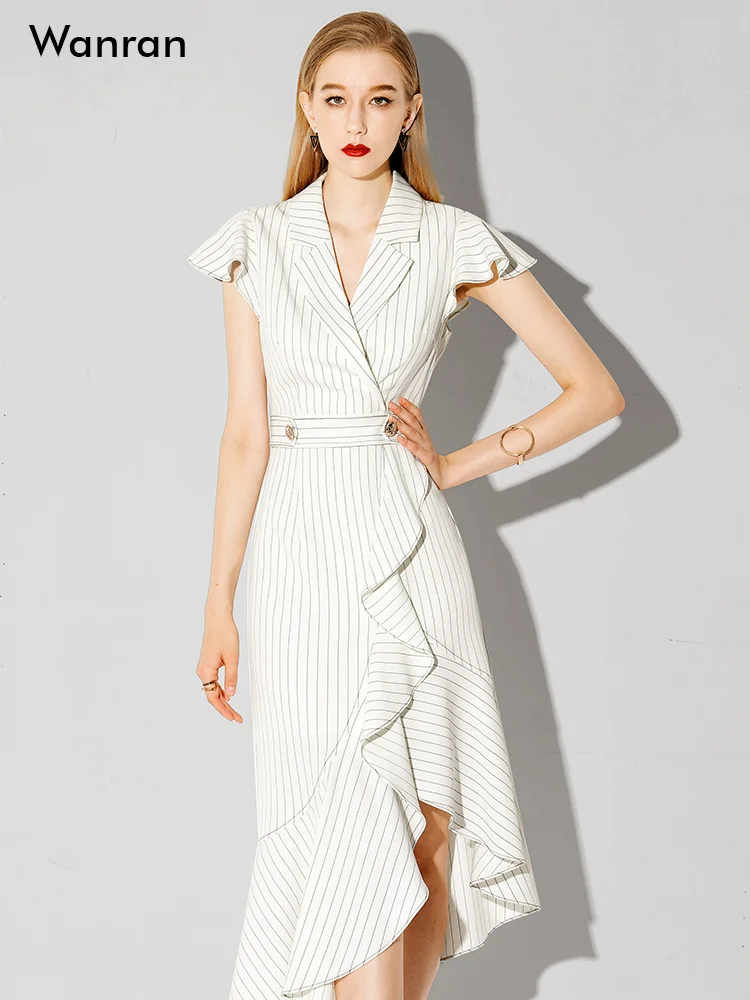 

Celebrity Short sleeved Suit with Lotus Leaf Display Thin Stripe Mid length Dress with Waist Wrap 2023 Summer New Women