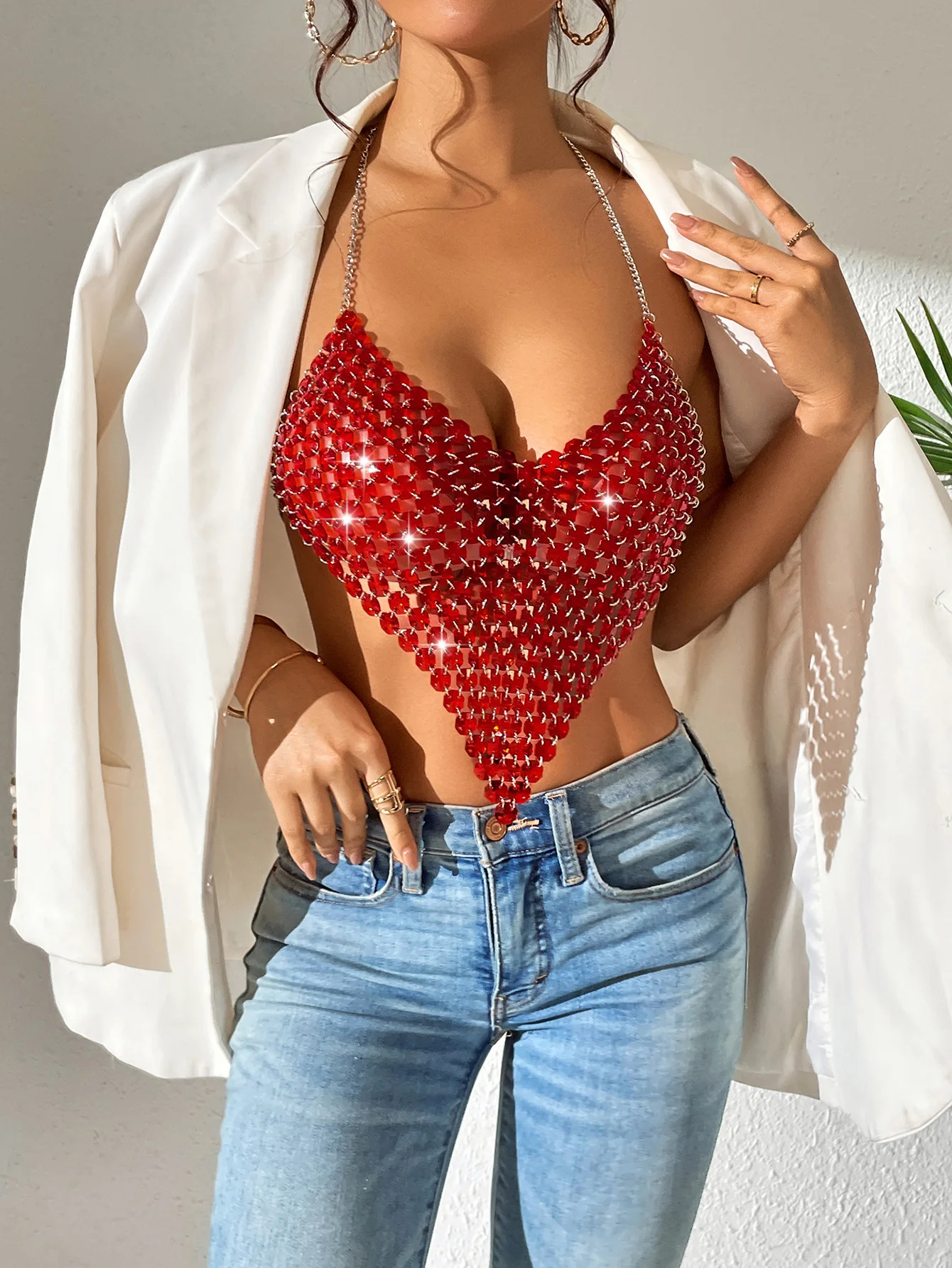 

2023 Red Pink Crystal Beading Backless Camis Sexy Bra Chain Summer Beach Party BikinI Breast Crop Chest Body Chain Jewelry Women