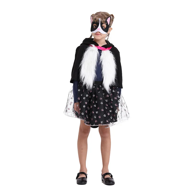 

Girls Black Cats Role-Playing Costume Kids Animals Halloween Cosplay Cape Cloak Set for Party Stage Show Performance Outfit
