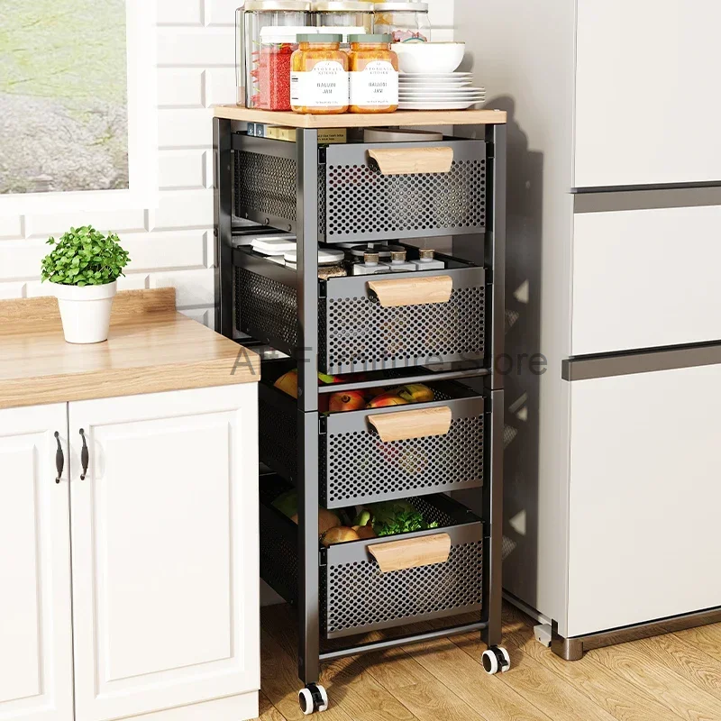 Fruits Vegetables Storage Cart Multifunctional Storage Cabinet Floor Narrow Seam Baskets Pull-out Type Kitchen Furniture