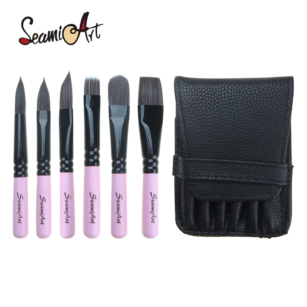 SeamiArt 6개/세트 짧은 손잡이 나일론 헤어 여행용 브러쉬(가죽 가방 포함) 구아슈 수채화 아티스트 브러쉬(미술용품용)