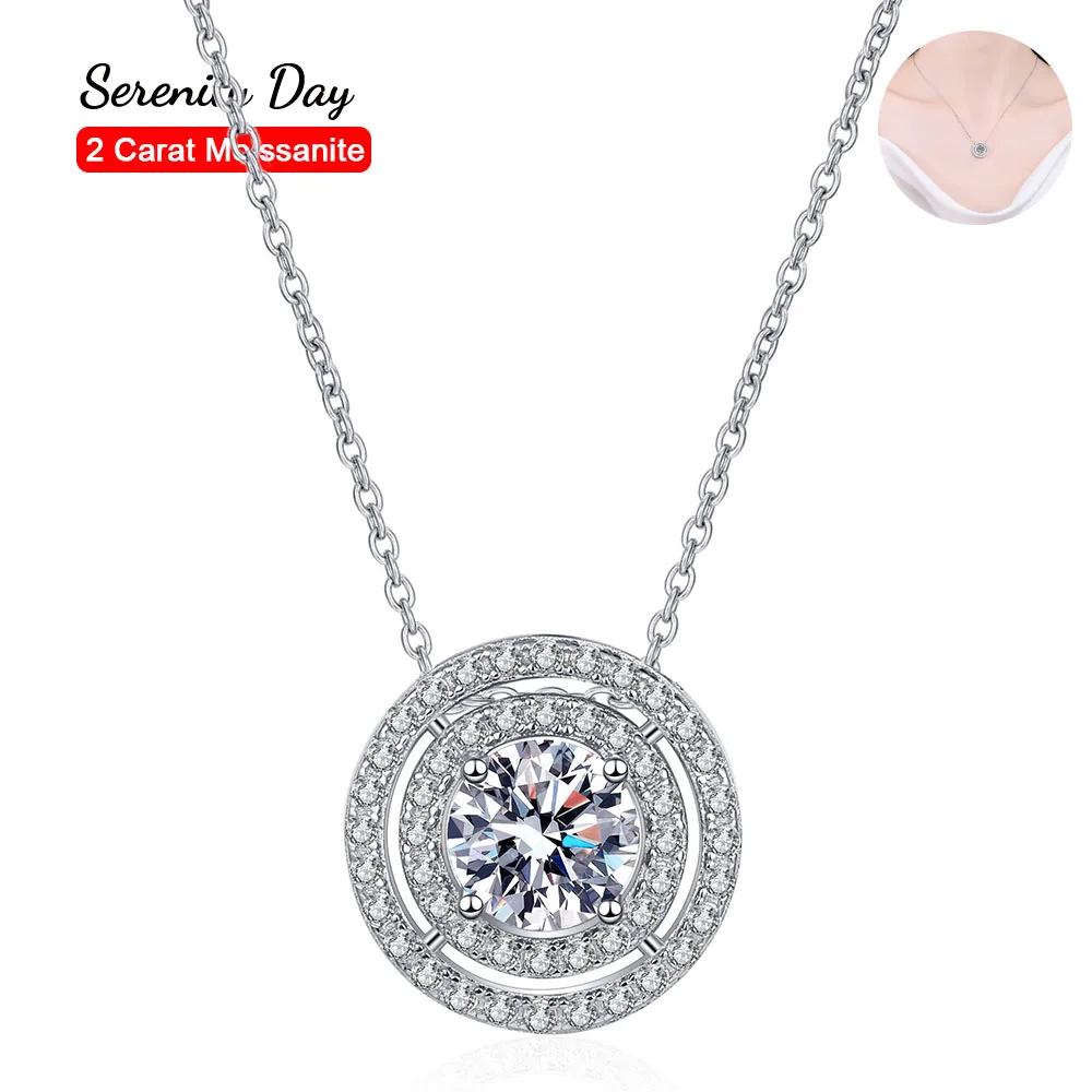 

Real S925 Sterling Silver Double Circle Round Clavicle Chain Plated Pt950 Jewelry D Color 2 Carat Moissanite Necklace For Women