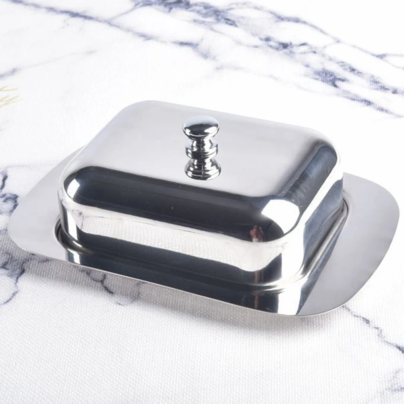 Stainless Steel Butter Dish Box Container Shiny Cheese Server Storage Keeper Tray with Easy to Hold Lid butter