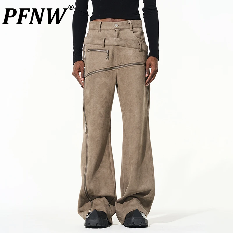 

PFNW Spring Autumn Men's Chic Harakuju Sports Pants Suede Cut Staggered Double-waist Multi-zip Casual Darkwear Trousers 12A8337
