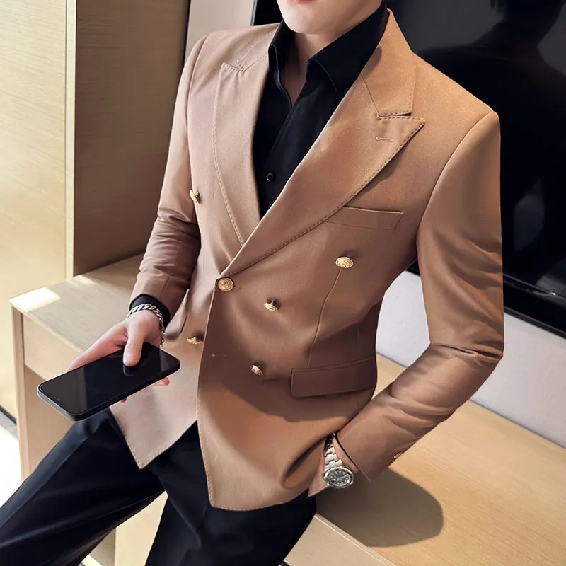 

British Style Double Breasted Business Formal Wear Blazer Jackets For Men Clothing 2023 Simple Slim Fit Casual Suit Coats Tuxedo