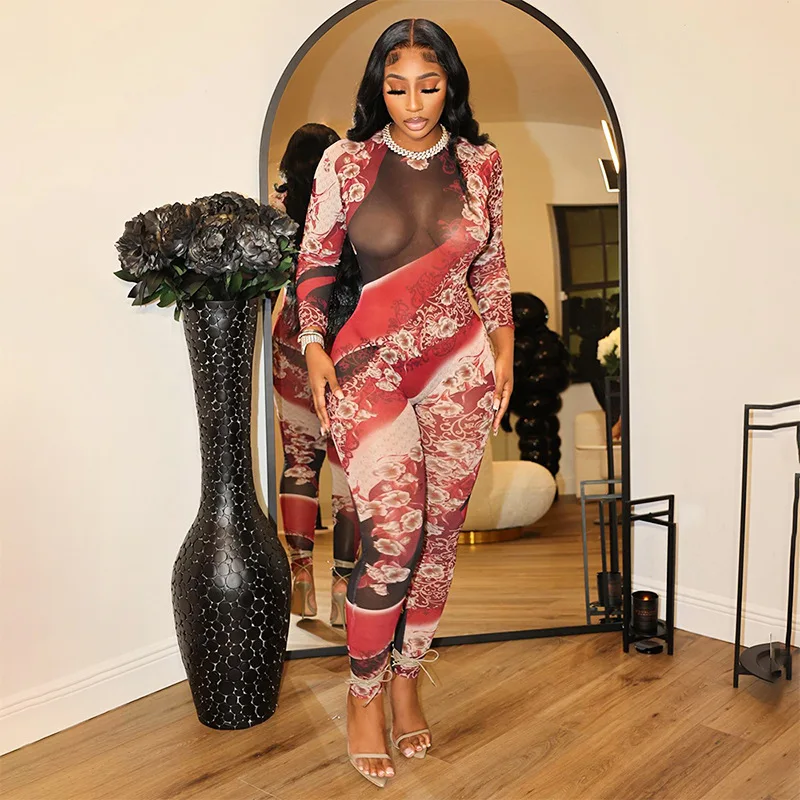 S5fe275063cef459bbf7a0826768c53a7Y Simenual Vintage Mesh Printed Skinny Jumpsuits Sexy See Through Playsuits Cyber Y2K Long Sleeve Zip Jumpsuit Hot Club Outfits