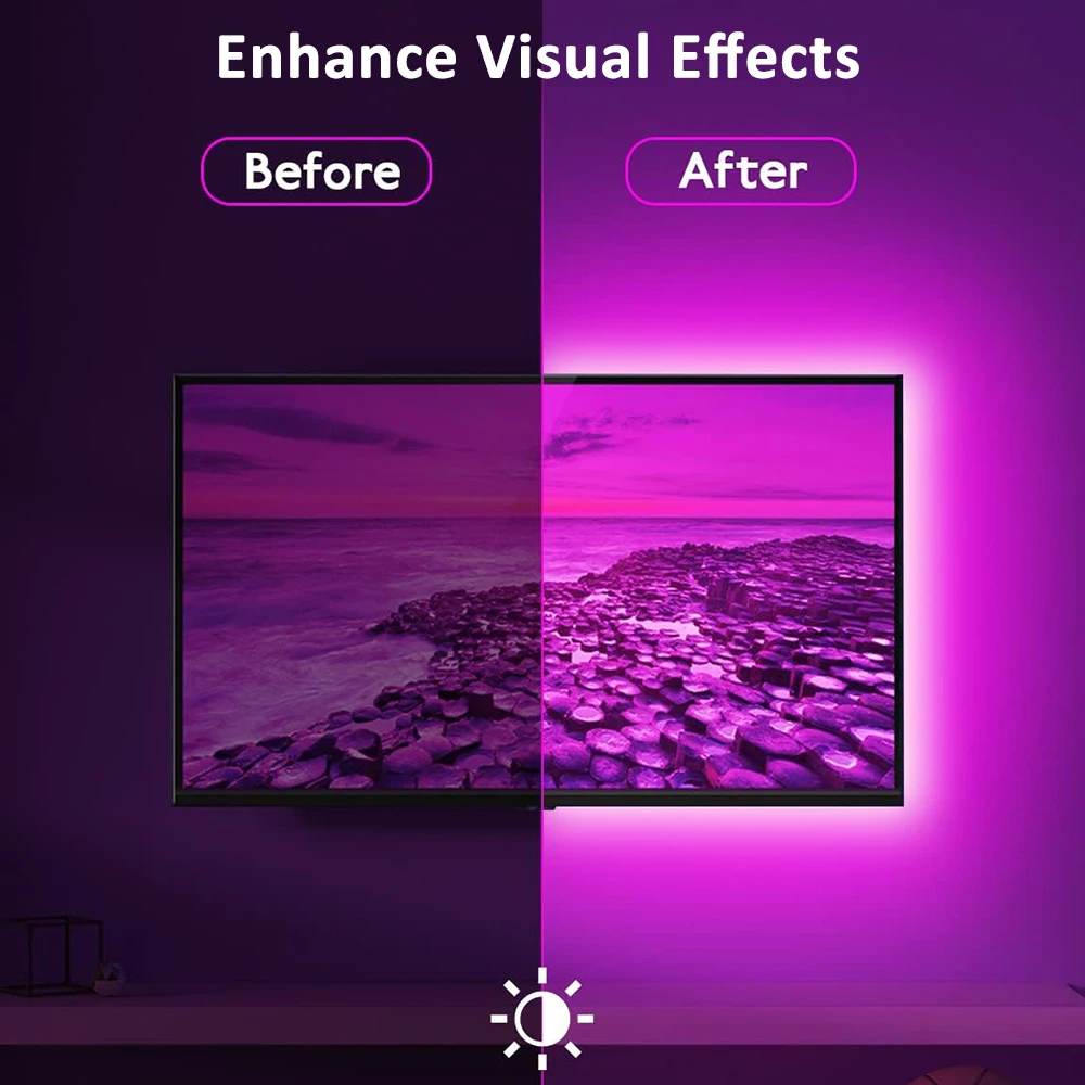 Vibrant RGB LED Strip Lights with Music Sync - Flexible Decorative Lighting for Room and Party Atmosphere