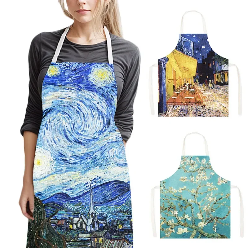Grembiule Da Cucina Artistico – Notte Stellata Di Van Gogh Con Gatto, In Poliestere, Con Tasche, Regalo Per Chef E Amanti Dell'Arte