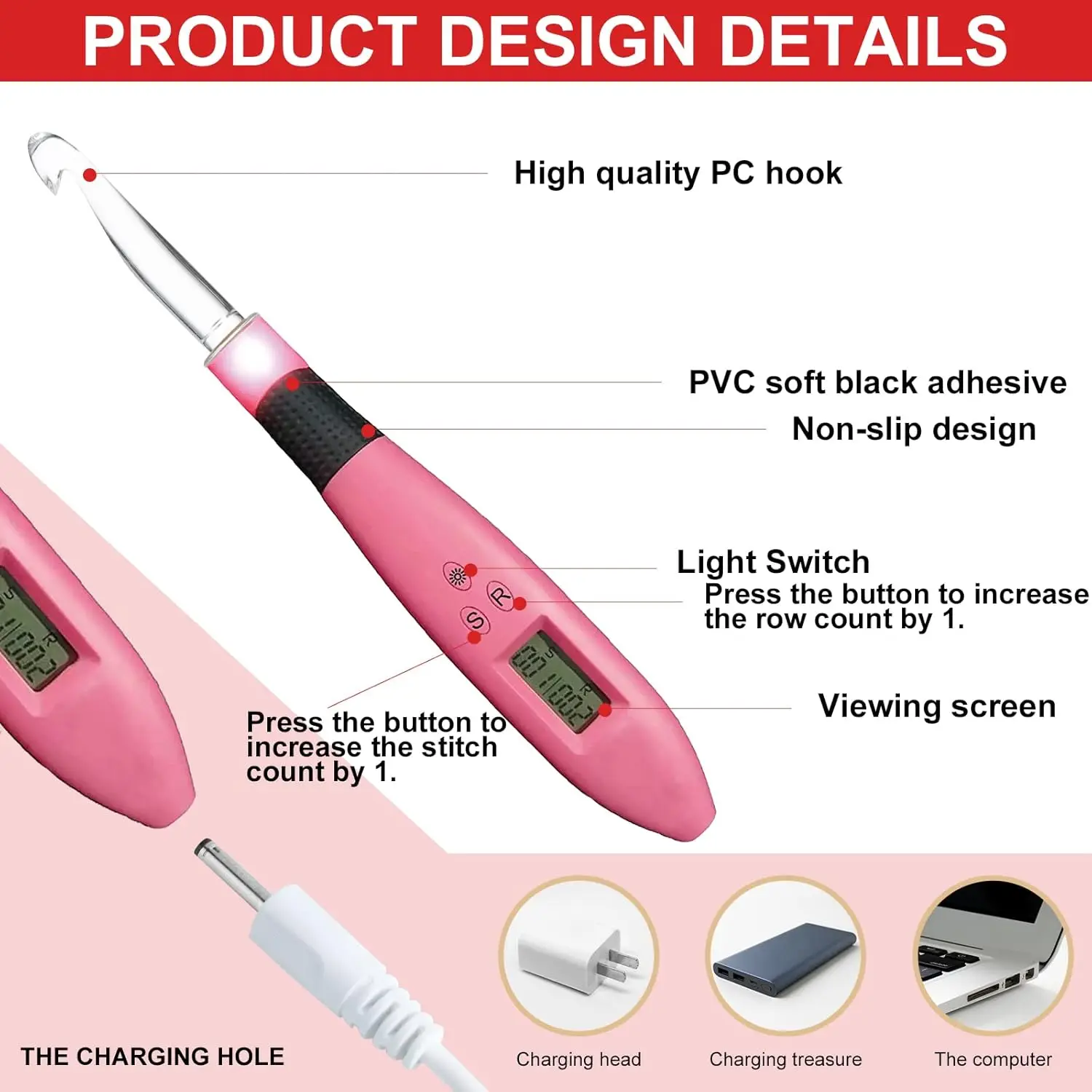 18pcs Lighted Crochet Hook Ergonomic Knitting Needle Set Interchangeable Metal Heads DIY Tool for Beginners