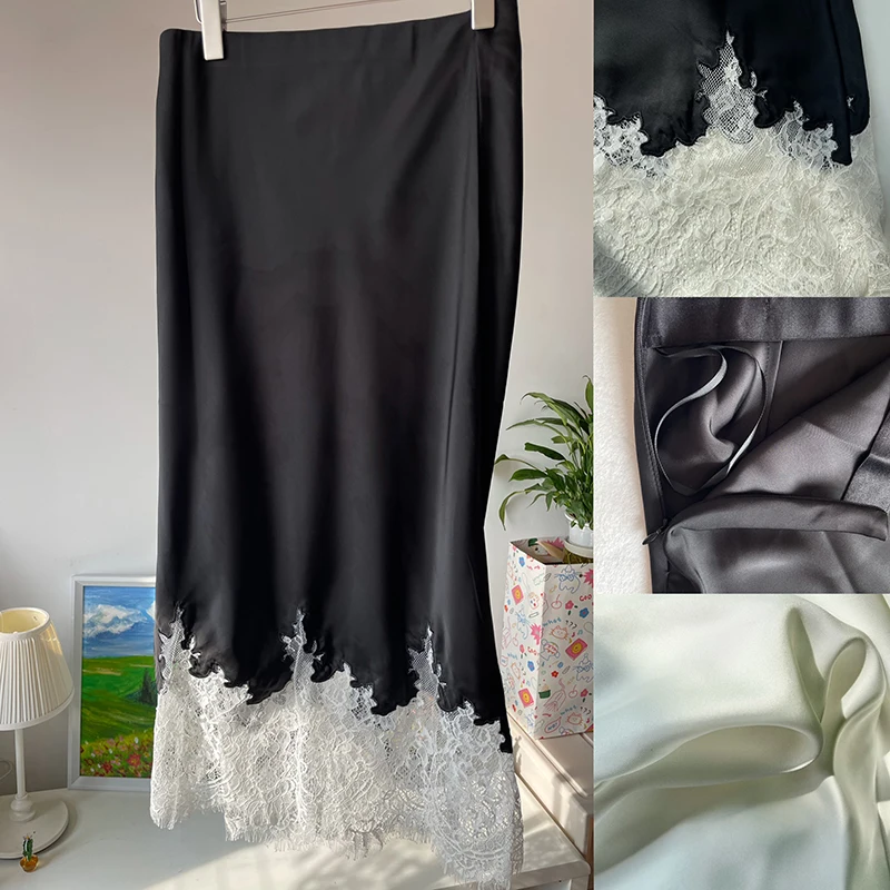 Fairy Lace-Trim Satin Midi Skirt High Wasit Elegant Wrapped Hip Long Skirts Party 2025 Fashion Trends Summer Women Clothing 6