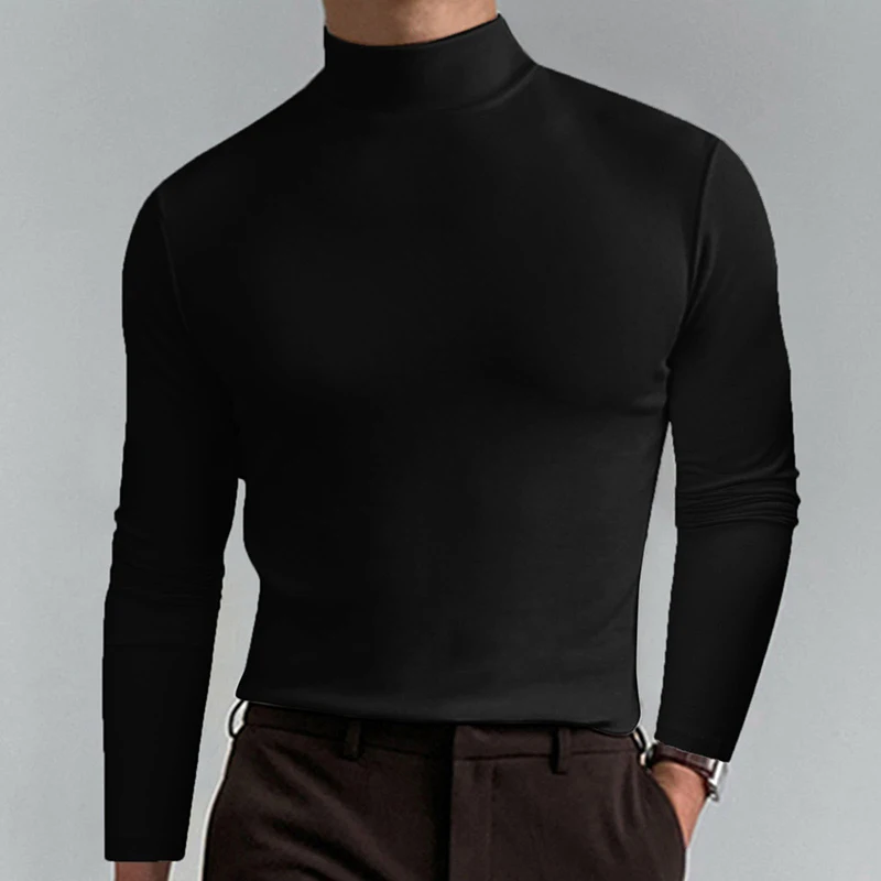

New Elastic Mens T-Shirt Long Sleeve Tops Half High turtle Collar Men T Shirt Polyester Cotton Jumper Tees casual Slim Thin Tees