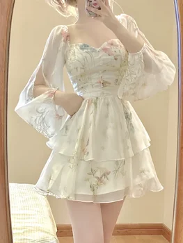Mini Abito Floreale Elegante Francese in Chiffon a Maniche Lunghe, Vestito da Sera per Feste, Abito da Donna per Vacanze al Mare Boho, Abito da Fata Coreano 2026