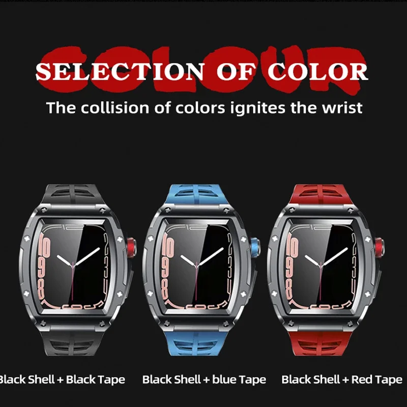 Retrofit Kit Strap For Apple Watch Band 45mm 44mm Rubber Silicone Strap+Stainless Steel Kit Cover For iWatch Series 8 7 6 5 4 SE