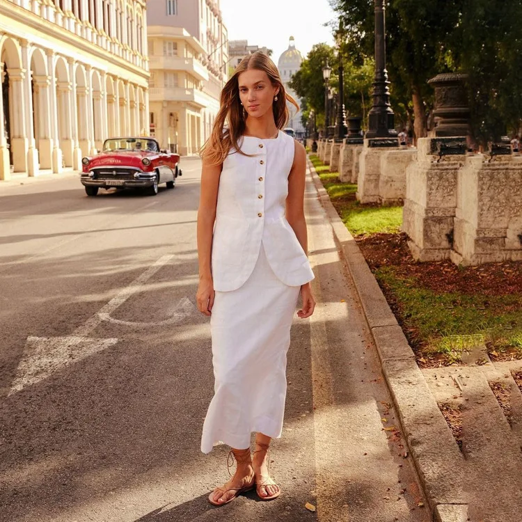 Conjunto de 2 piezas de falda larga blanca de cintura alta para mujer: top ajustado sin mangas y falda larga informal, conjuntos de patchwork para mujer