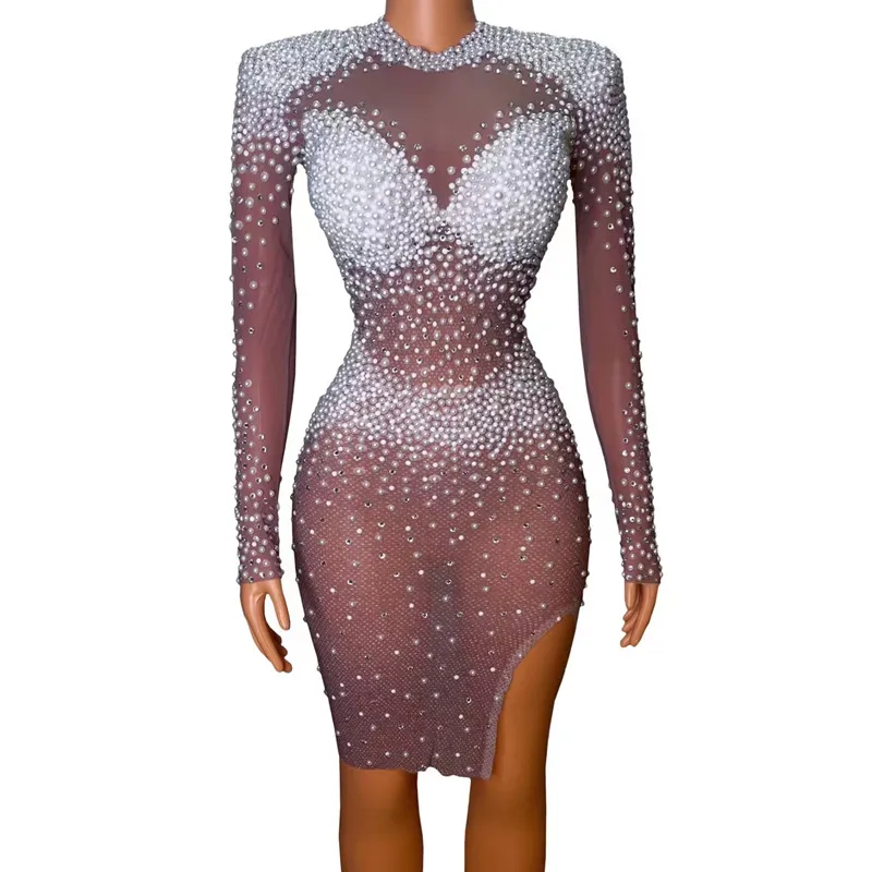 

Fashion Sexy Transparent Mesh Pearl Rhinestones Tight Dress Women Singer Host Evening Celebrate Dance Costume Show Stage Wear