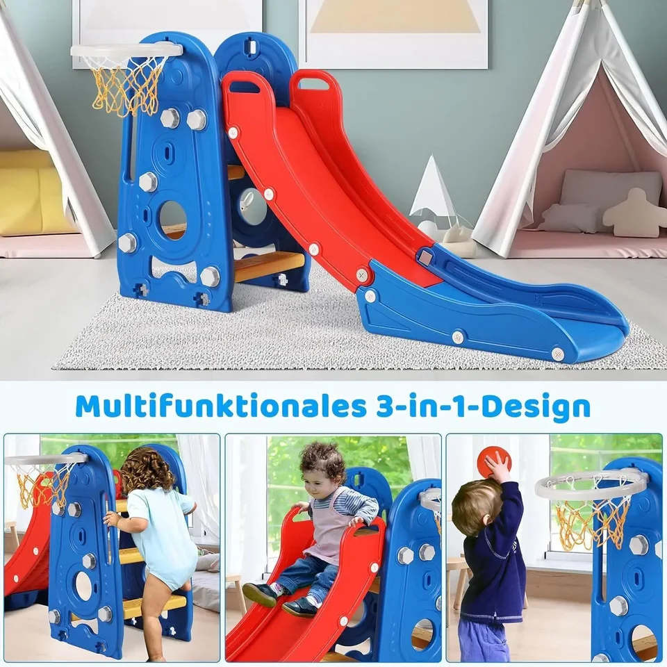 AIYAPLAY Peuterglijbaan, 7-in-1 Speeltoestel, met Basketbal & Stuurwiel, voor 1-3 Jaar, 178x177x99cm, Geel/Wit/Groen
