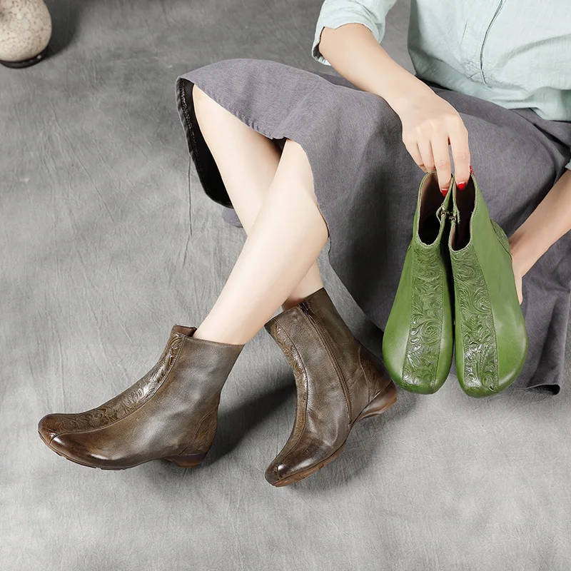 

Autumn and Winter Martin Boots Embossed Genuine Leather Low Heel Short Boots