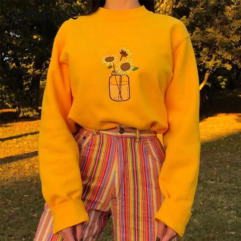 

2021 New Autumn O Neck Pullovers European and American Style Streetwear Y2k 90s Women Clothes Sunflower Print Women's Sweatshirt