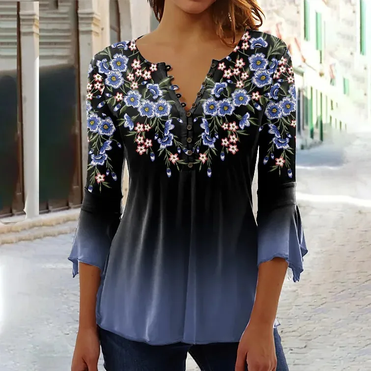 

Women's New Fashion Flower T-shirt Female Sexy V-neck 3/4 Sleeve Casual Chic Pullover Summer Top Popular Tees New 2023 Mujer