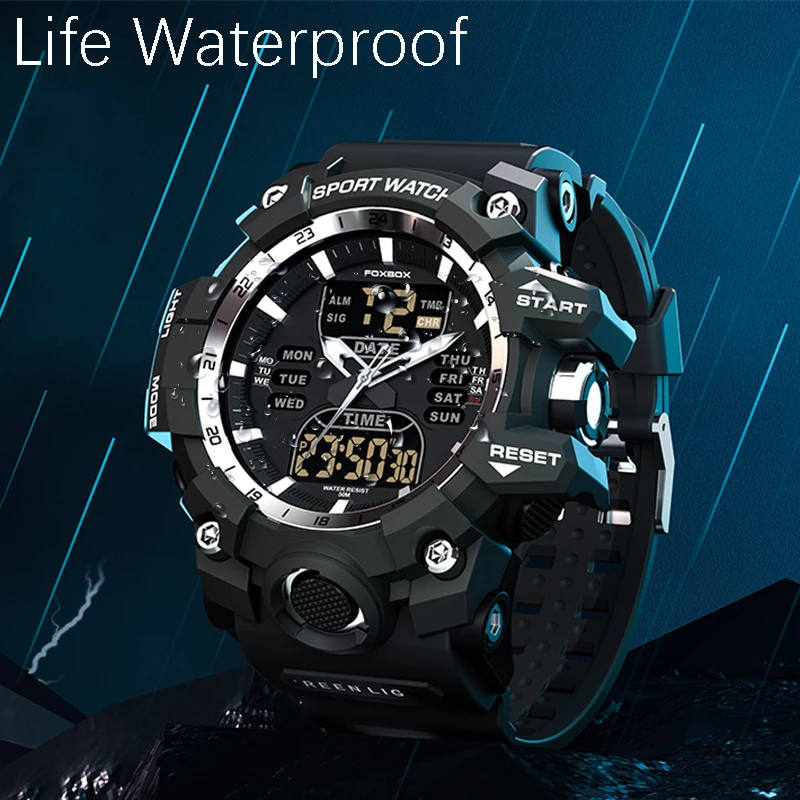 FOXBOX Watches For Men Top Brand Digital Chronograph Sports Quartz Wristwatch Waterproof Military Silicone Strap Luminous Clock