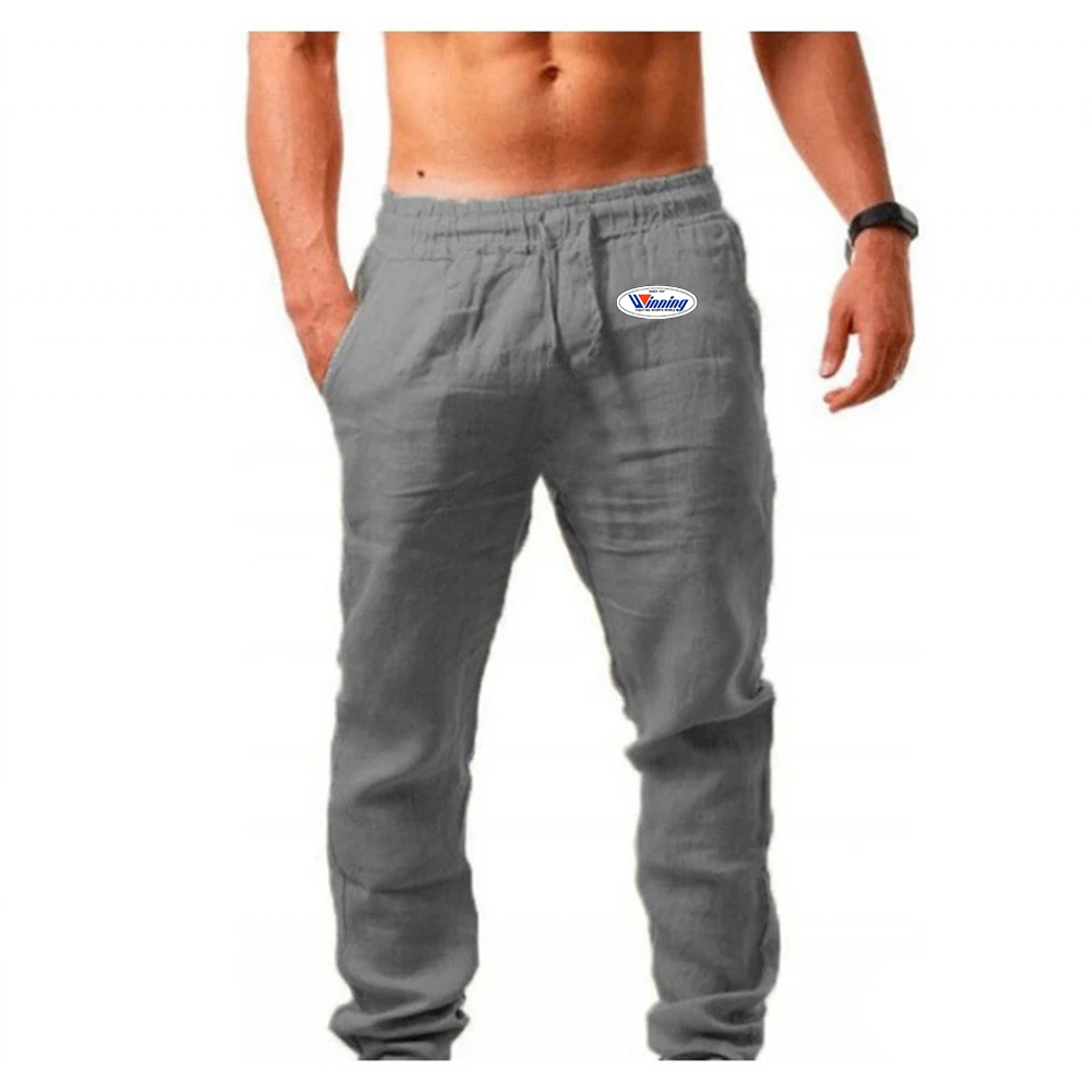 Winning Boxing 2024 New Men's Spring and Autumn Hot Sale Breathable Simplicity Solid Color Printing Cotton Linen Trousers 4