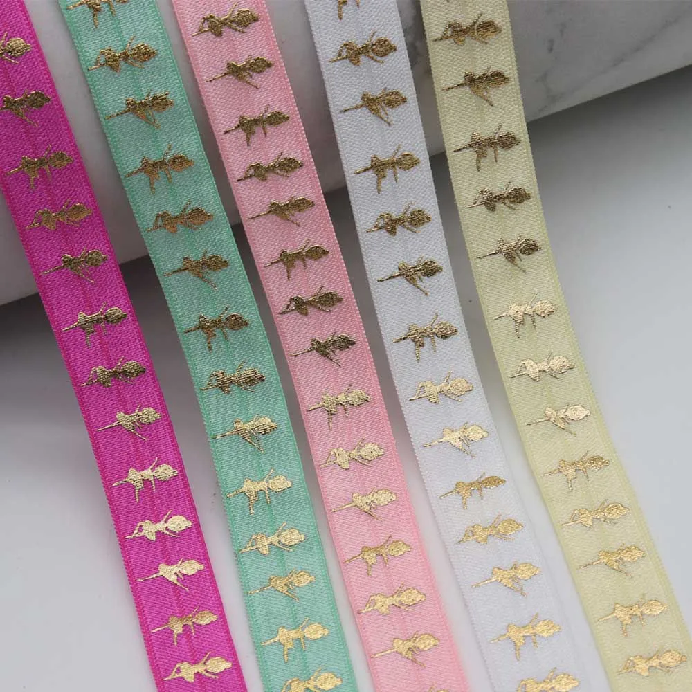 

5/8" 15MM Gold Foil Cute Ballet Girl Printed Fold Over Elastic FOE Ribbon For Ponytail Hair Tie Hair Accessories Headwear