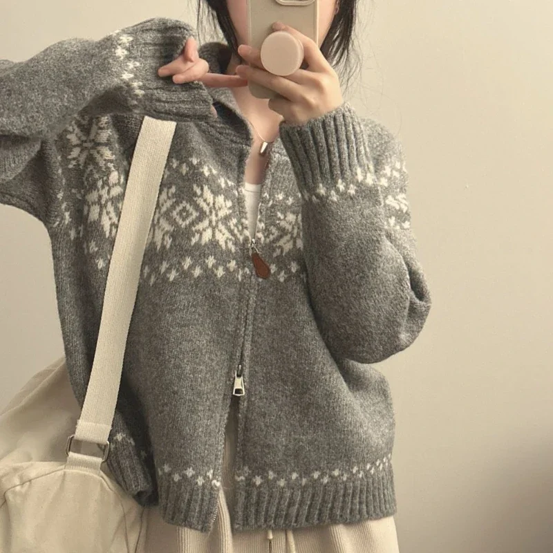 Fashion Elegant Knitwear Long Sleeve Sweater New Autumn Winter Women Fall Korean Style Casual Knitted Top Zipper Lapel Jacket
