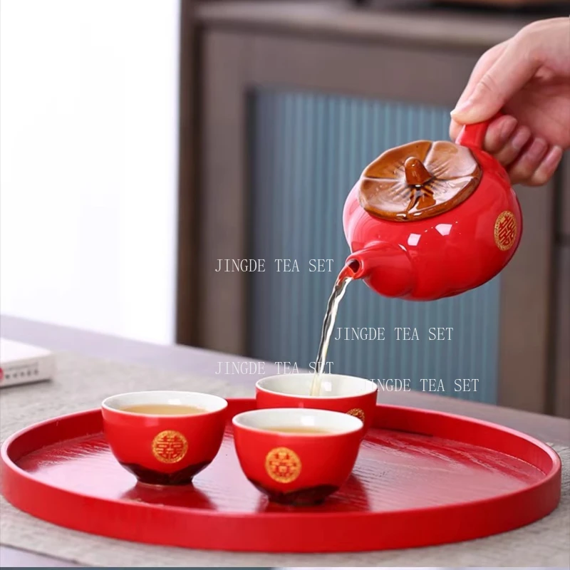 Red Ceramic Chinese Wedding Tea Set Exquisite Porcelain Teapot and Cup Set Customized Gaiwan Teaware Gifts Home Drinkware