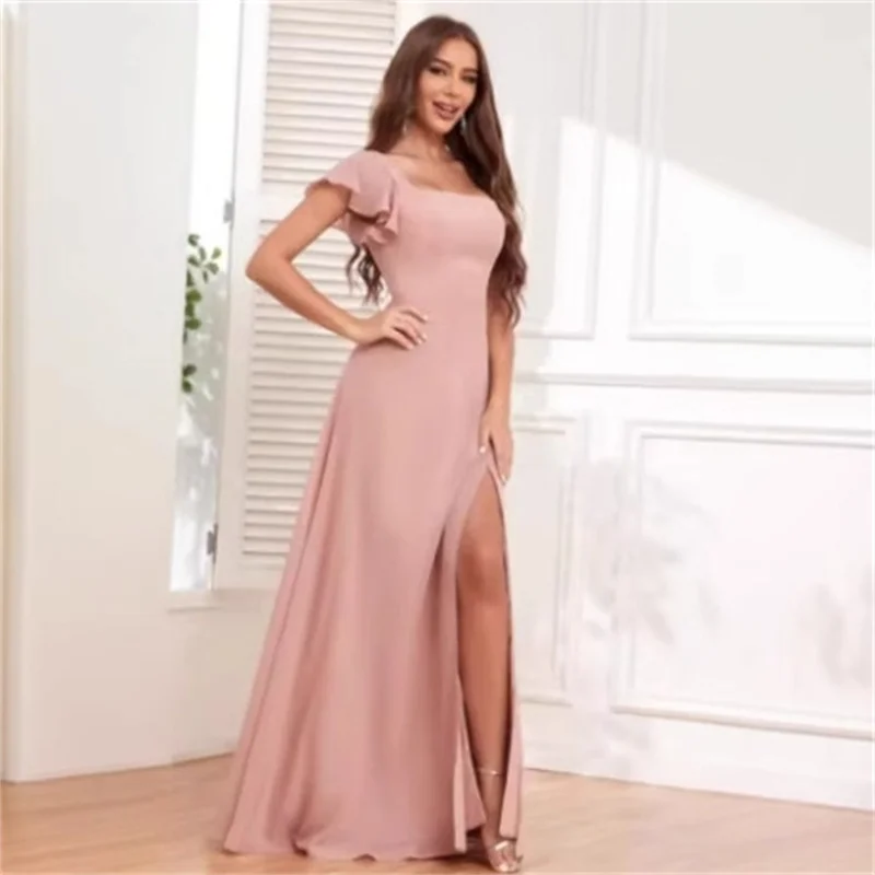 Customise Slit Simple A Line Chiffon Short Sleeve Off Shoulder Evening Bridesmaid Dresses Wedding Party Formal Prom Lace Up Back